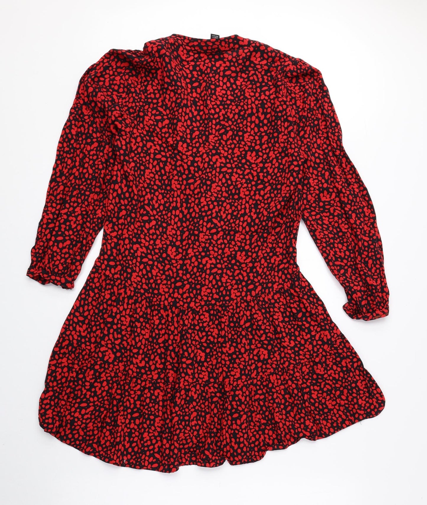 New Look Womens Red Geometric Viscose Shirt Dress Size 10 V-Neck Pullover