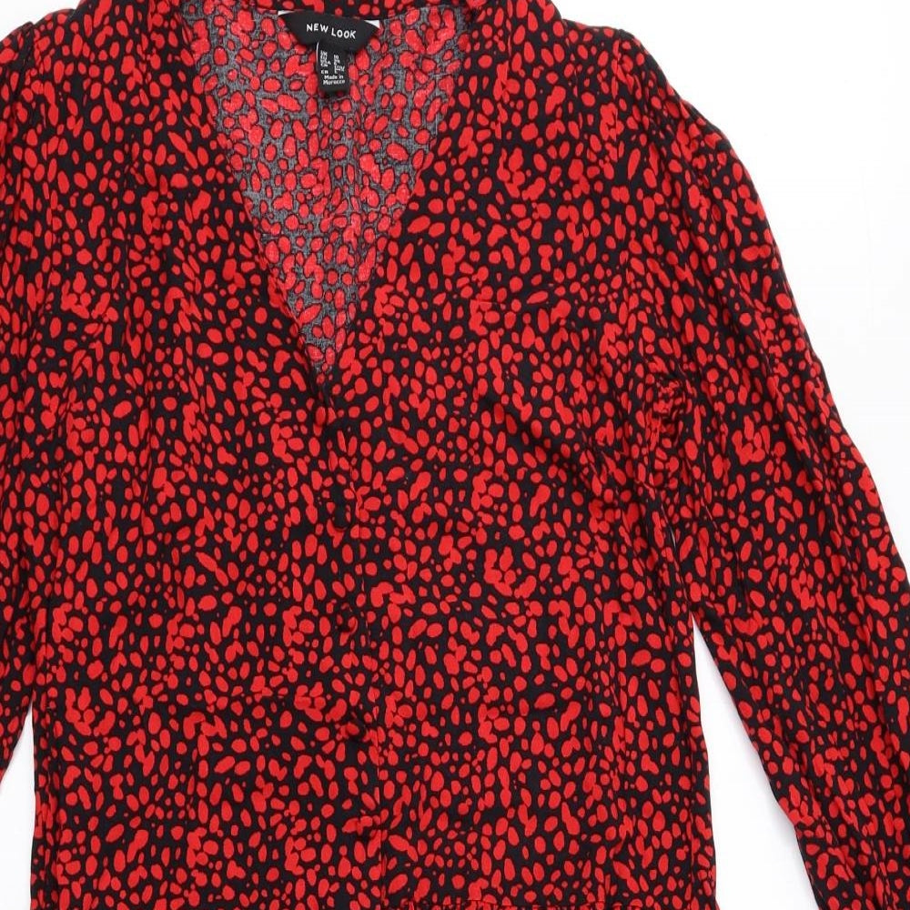 New Look Womens Red Geometric Viscose Shirt Dress Size 10 V-Neck Pullover