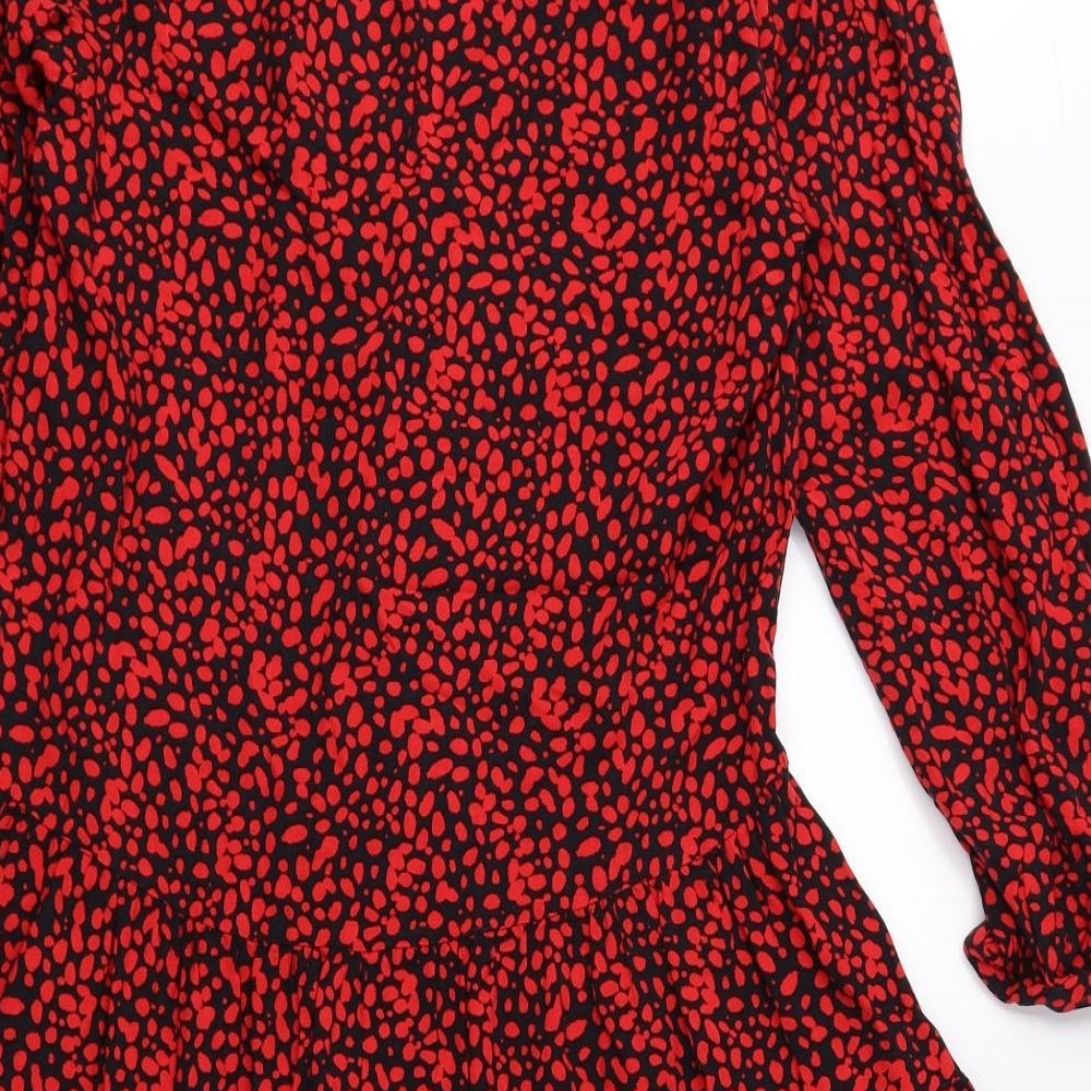 New Look Womens Red Geometric Viscose Shirt Dress Size 10 V-Neck Pullover