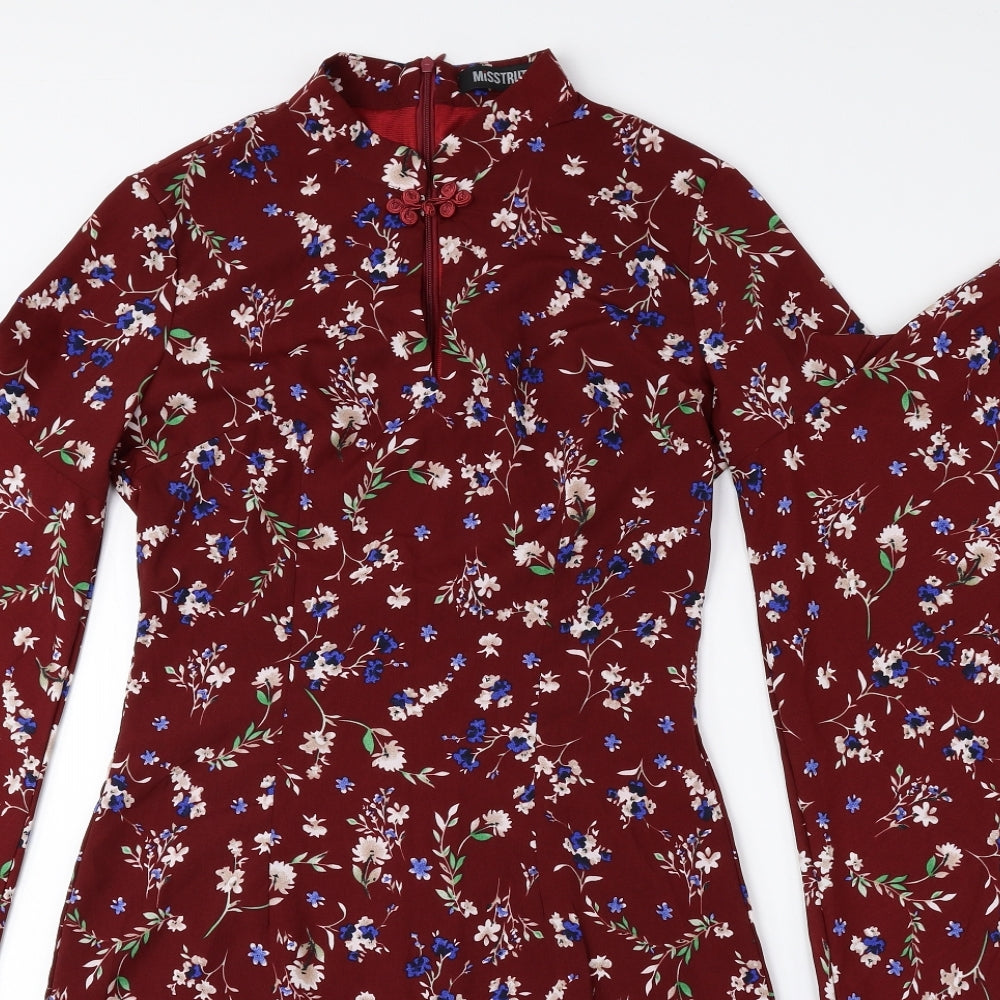 MISSTRUTH Womens Red Floral Polyester A-Line Size 6 High Neck Zip - Angel Sleeves