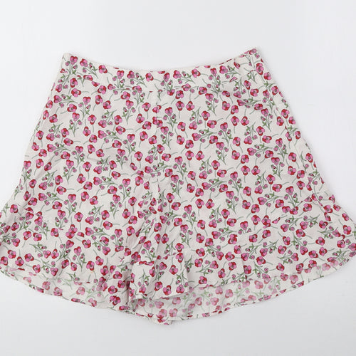 Topshop Womens White Floral 100% Cotton Hot Pants Shorts Size 6 Regular Zip