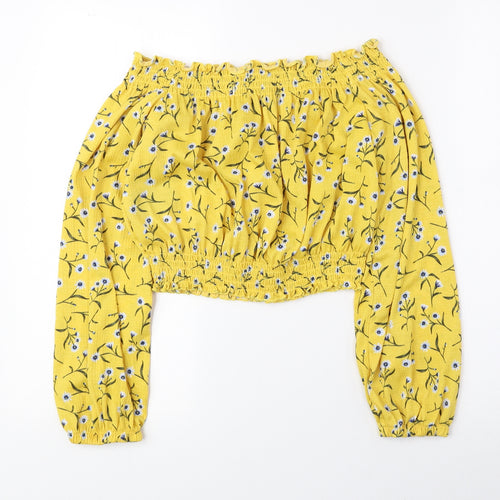 Divided by H&M Womens Yellow Floral Polyester Cropped Blouse Size S Off the Shoulder