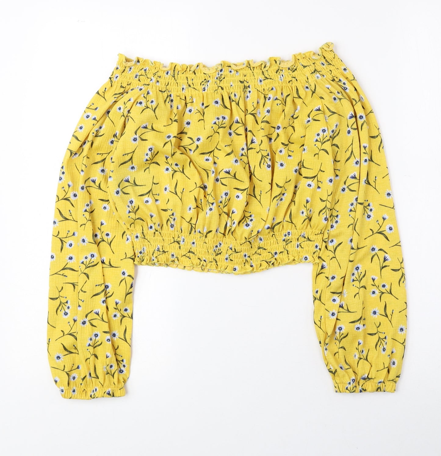 Divided by H&M Womens Yellow Floral Polyester Cropped Blouse Size S Off the Shoulder