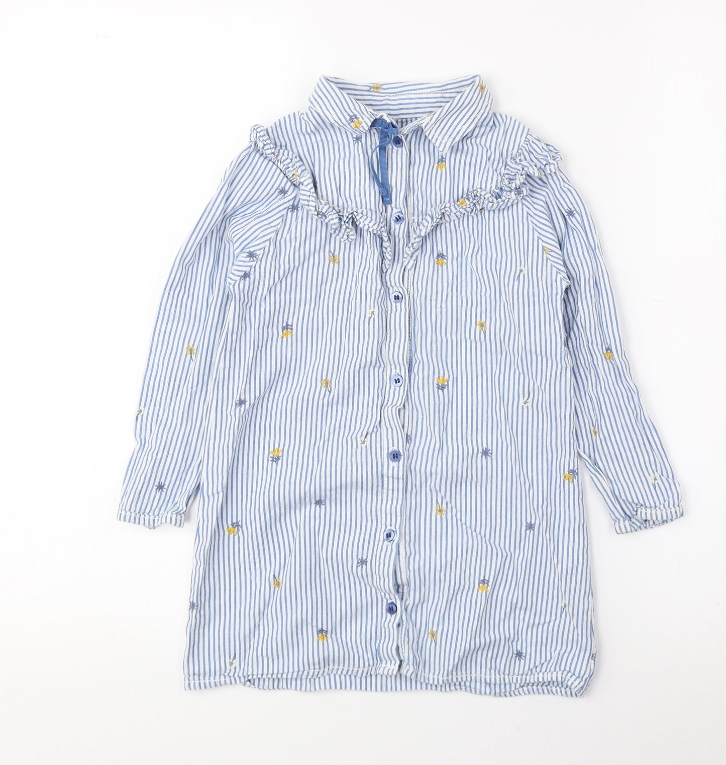 NEXT Girls Blue Striped 100% Cotton A-Line Size 4-5 Years Collared Button