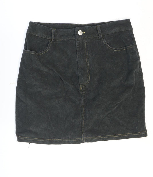 Front view of Missguided women’s grey cotton mini skirt, size UK 10, zip