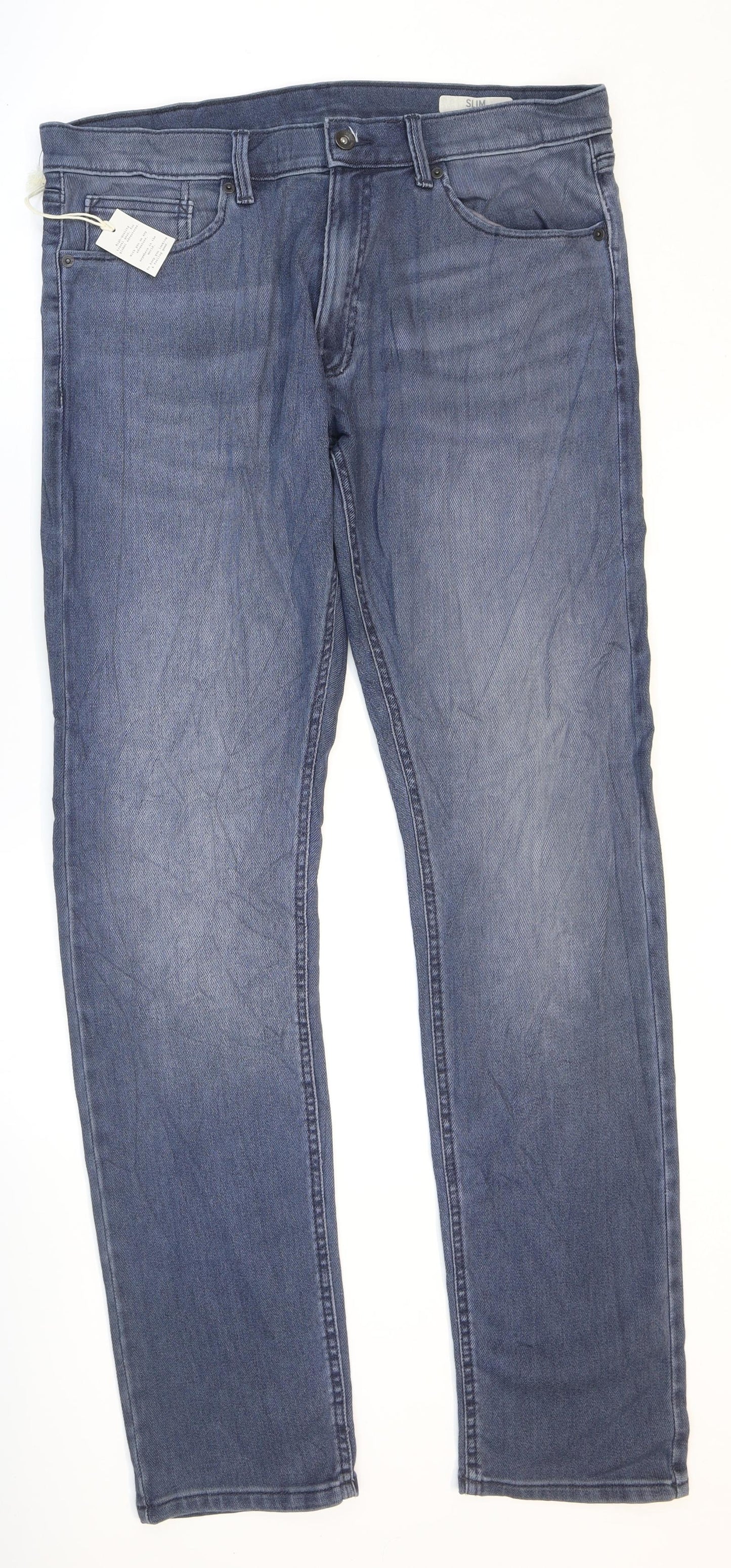 Marks and Spencer Mens Blue Cotton Tapered Jeans Size 34 in L33 in Regular Zip
