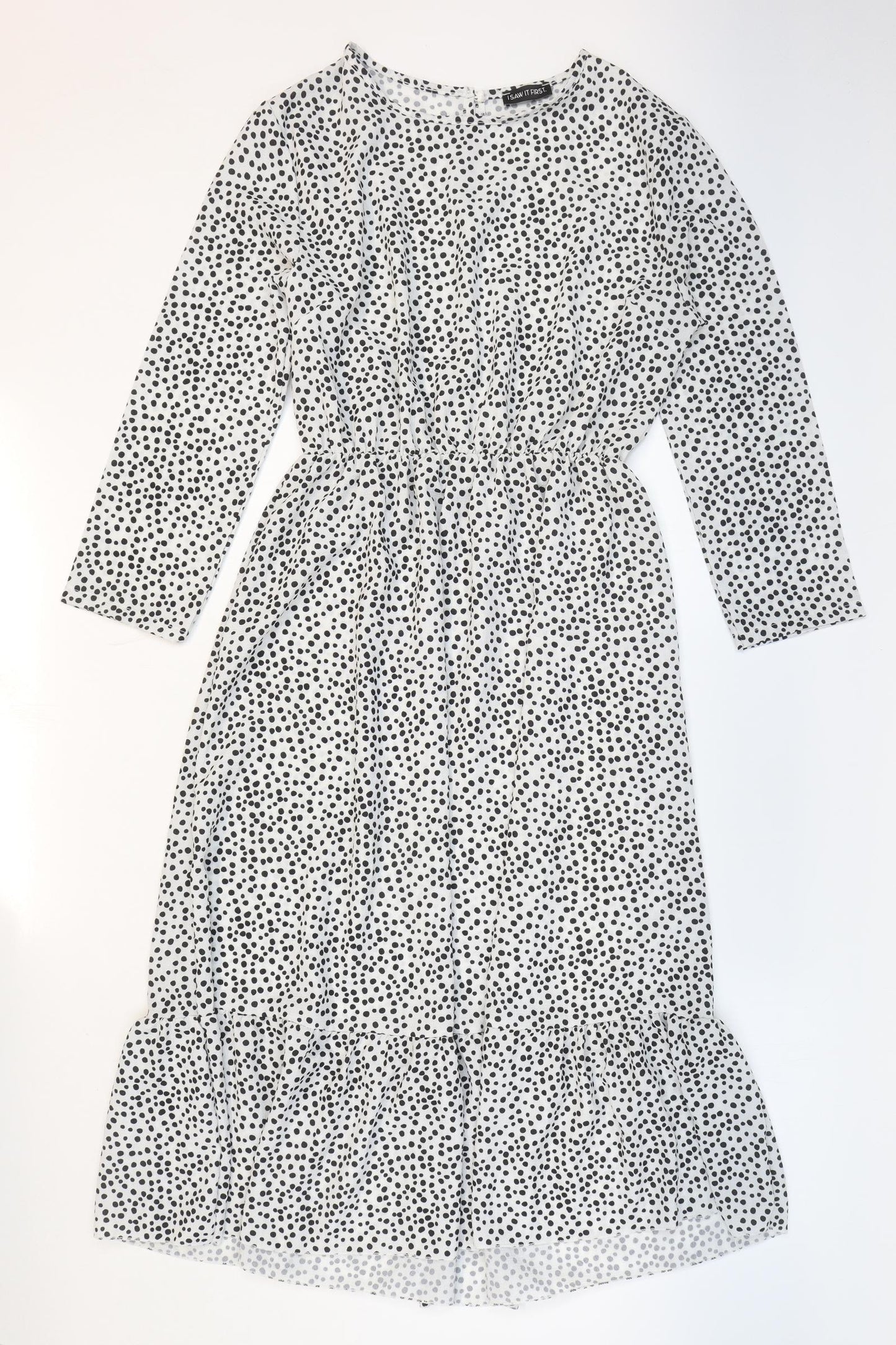 I SAW IT FIRST Womens White Polka Dot Polyester Fit & Flare Size S Round Neck Pullover - Tea dress