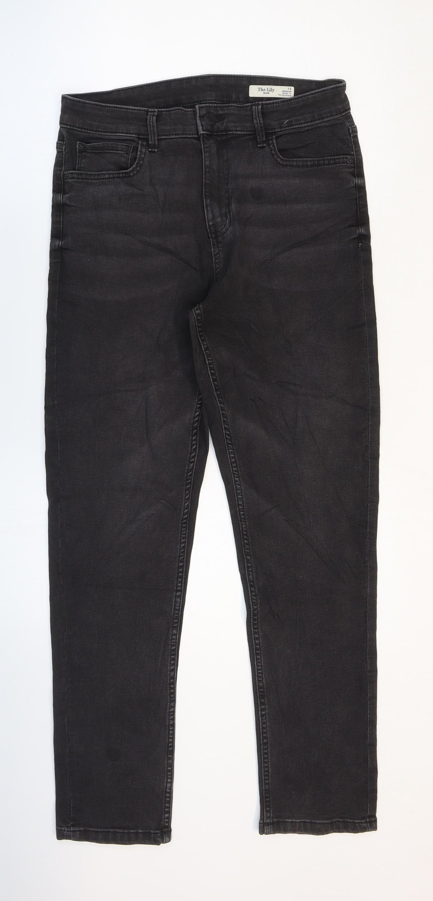Marks and Spencer Womens Black Cotton Tapered Jeans Size 12 L28 in Regular Zip - Faded Look