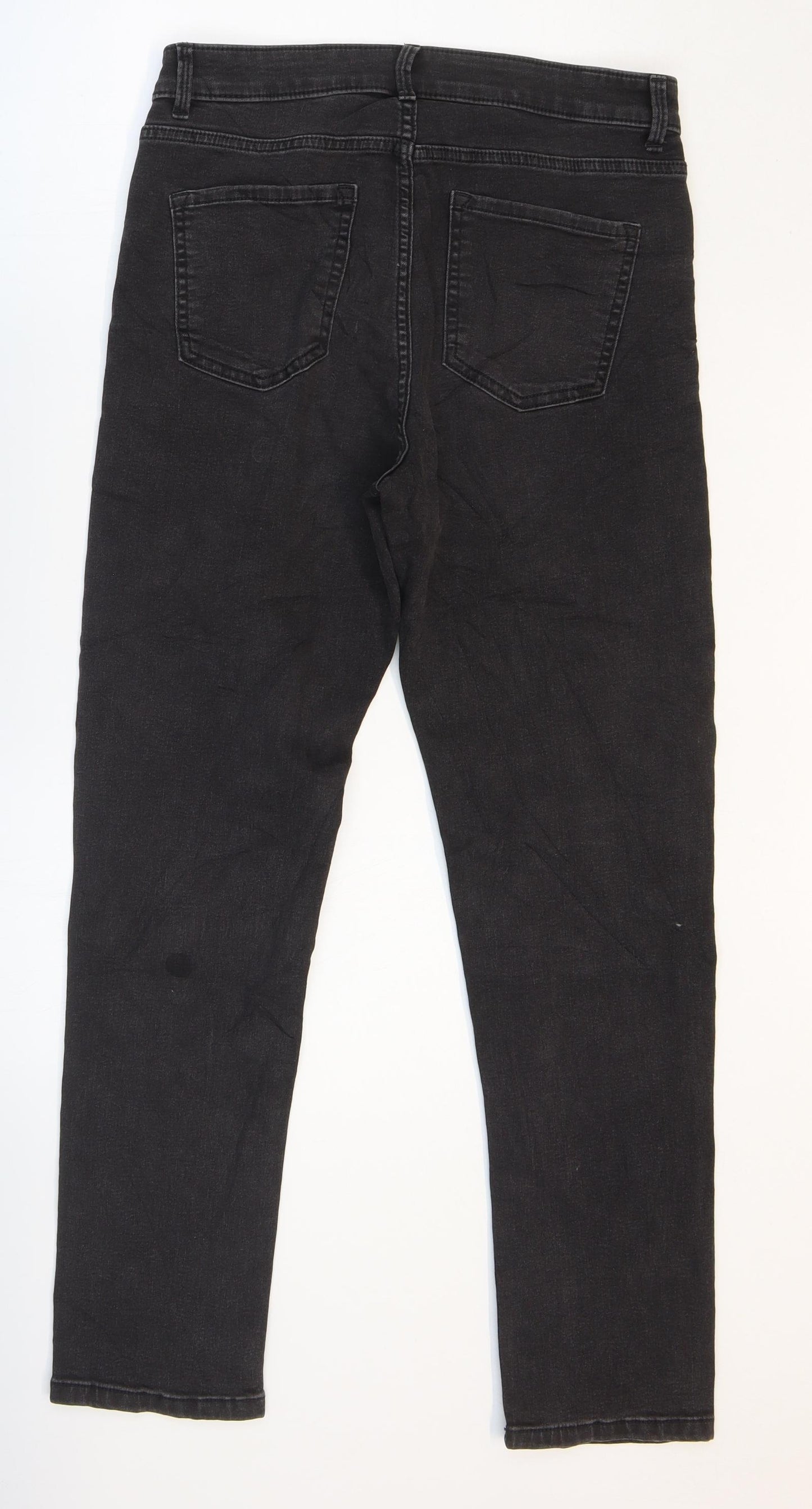 Marks and Spencer Womens Black Cotton Tapered Jeans Size 12 L28 in Regular Zip - Faded Look