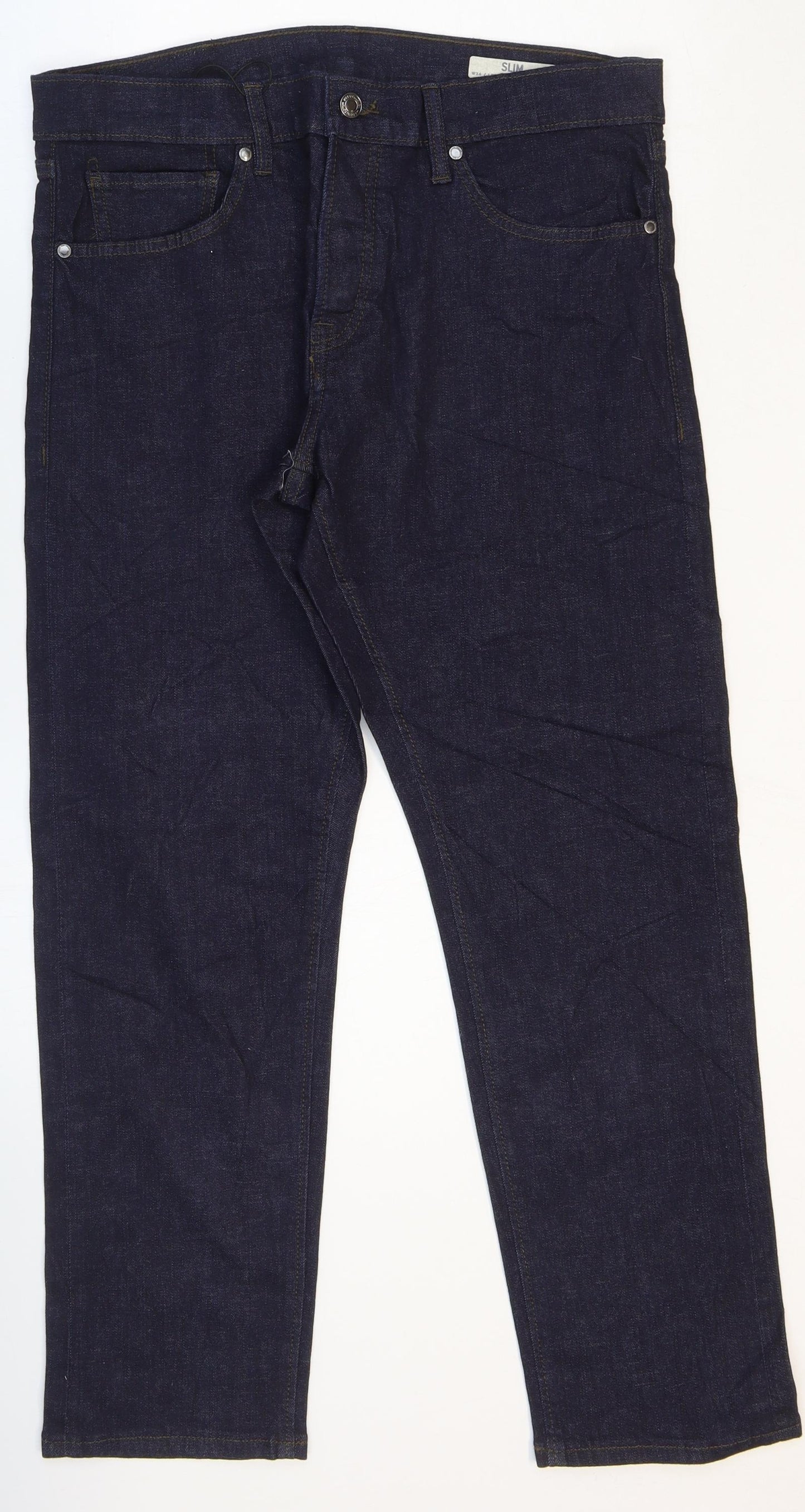 Marks and Spencer Mens Blue Cotton Tapered Jeans Size 34 L29 in Slim Zip