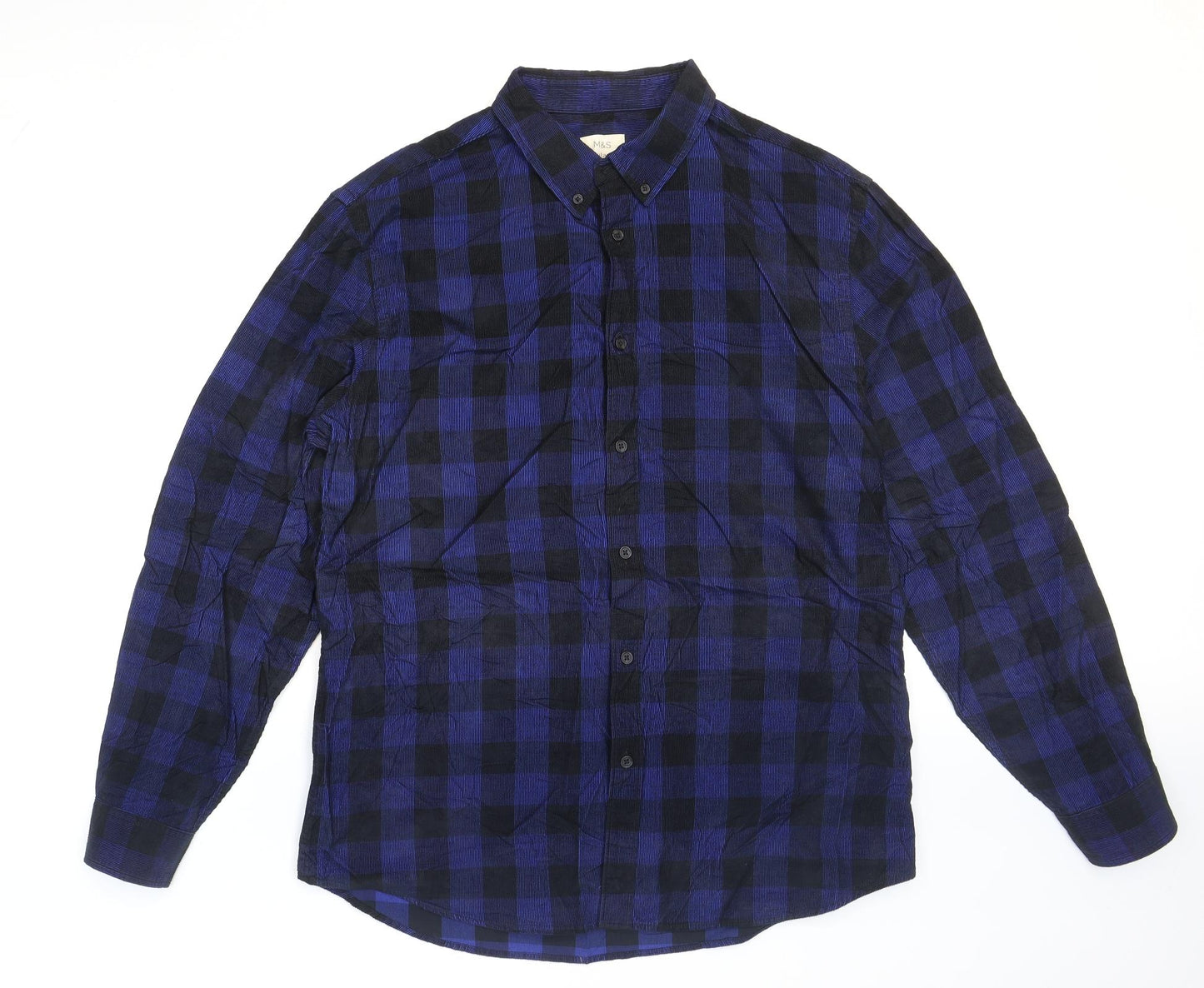Marks and Spencer Mens Blue Check Cotton Button-Up Size L Collared Button