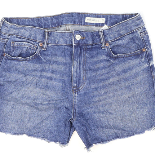 Marks and Spencer Womens Blue Cotton Hot Pants Shorts Size 4 L3 in Regular Zip - Distressed Hem
