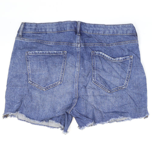Marks and Spencer Womens Blue Cotton Hot Pants Shorts Size 4 L3 in Regular Zip - Distressed Hem