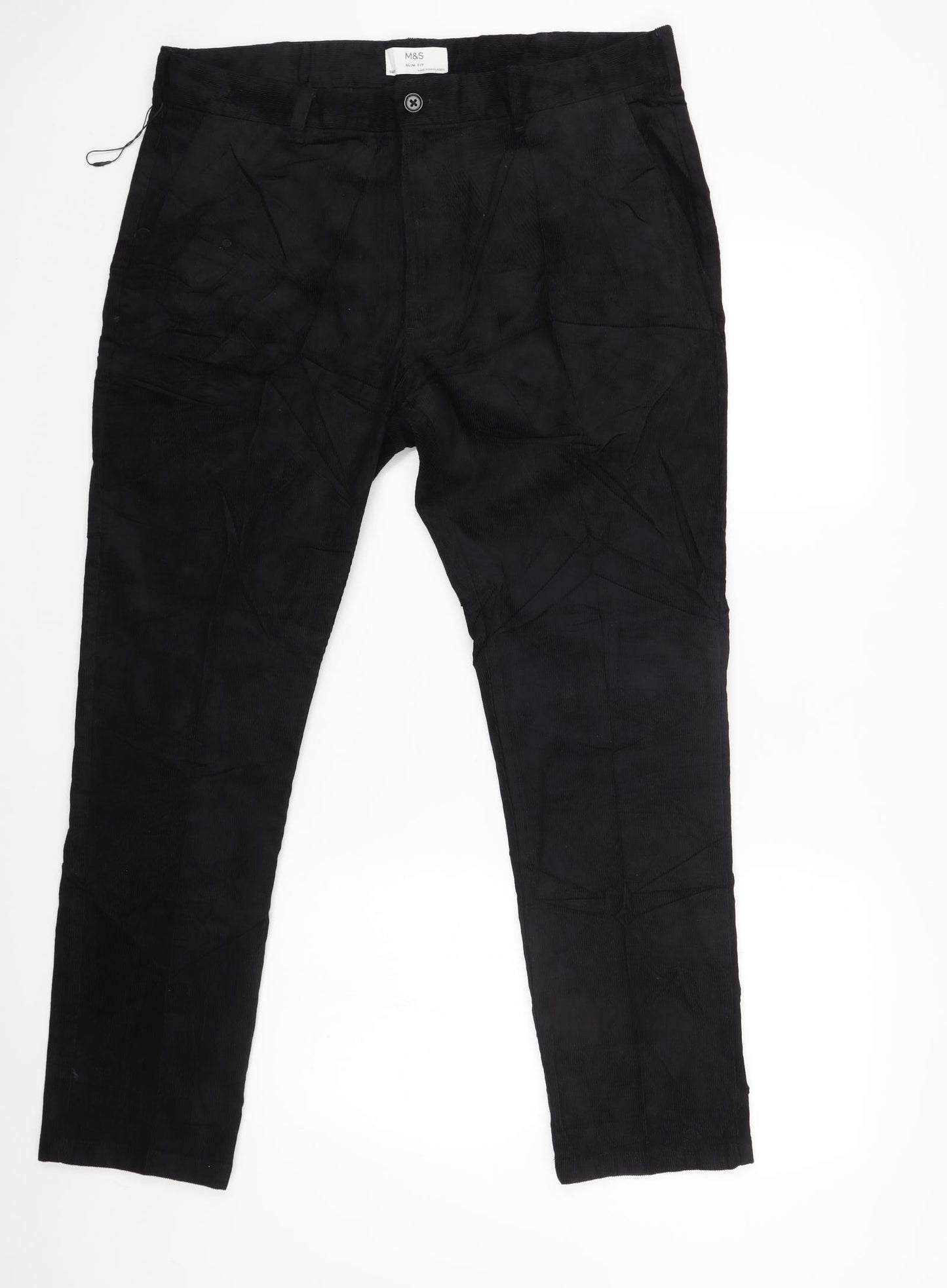 Marks and Spencer Mens Black Cotton Trousers Size 38 L28 in Slim Zip