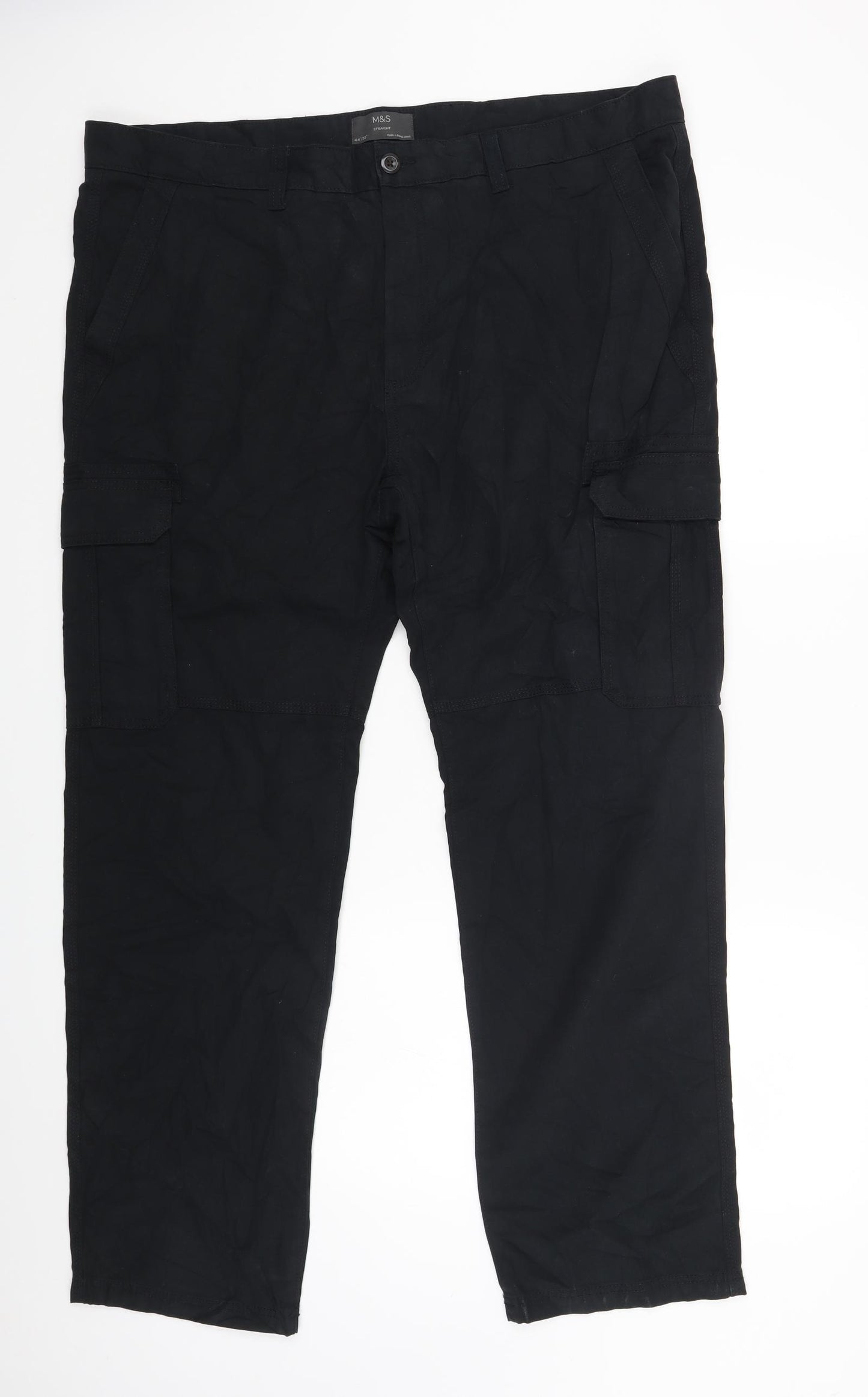 Marks and Spencer Mens Black Cotton Cargo Trousers Size 44 L30 in Regular Zip
