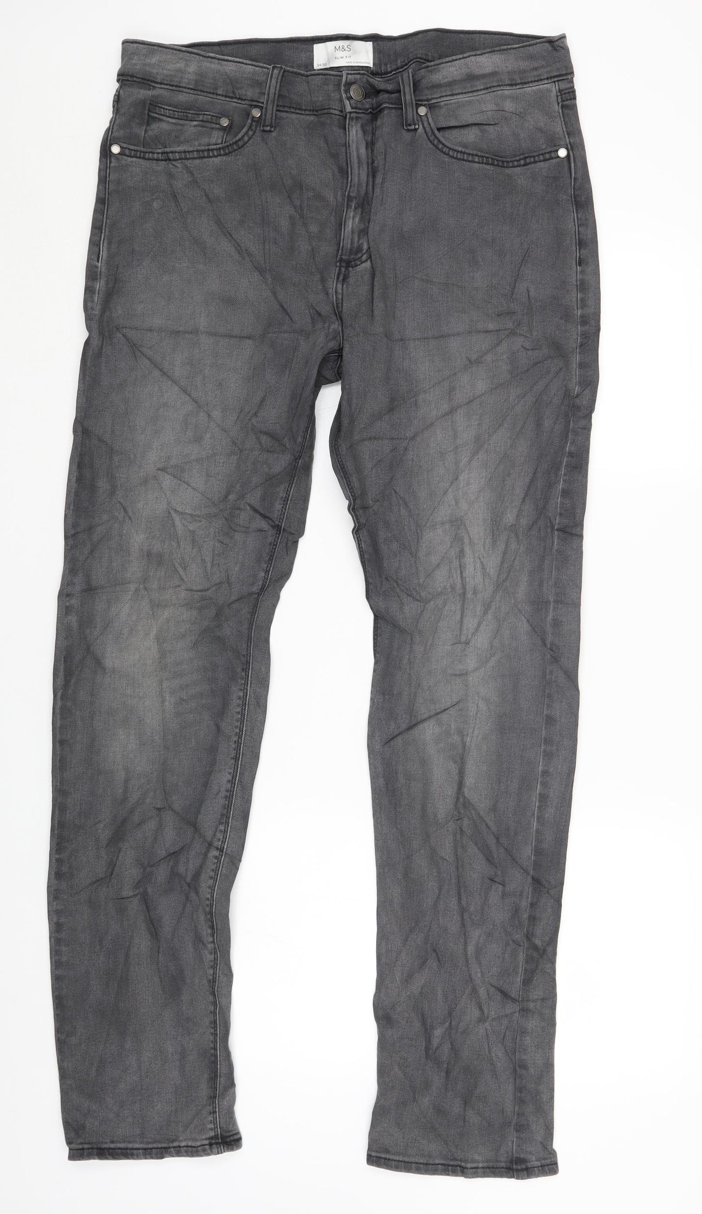 Marks and Spencer Mens Grey Cotton Straight Jeans Size 34 in L32 in Regular Zip