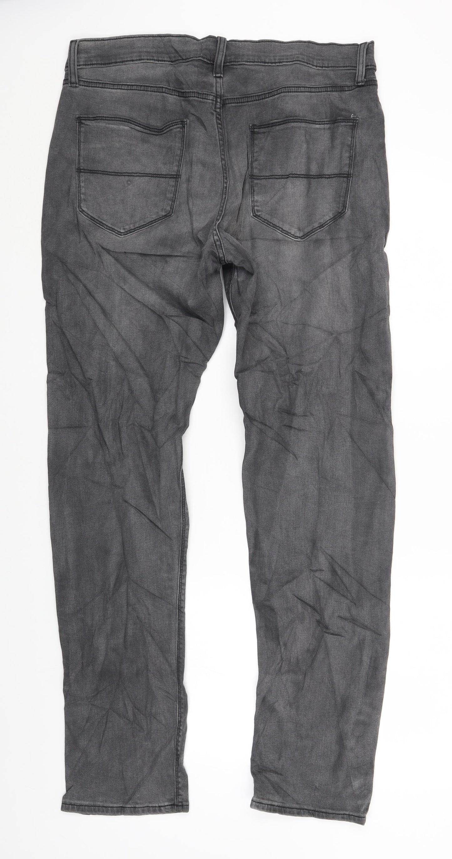 Marks and Spencer Mens Grey Cotton Straight Jeans Size 34 in L32 in Regular Zip