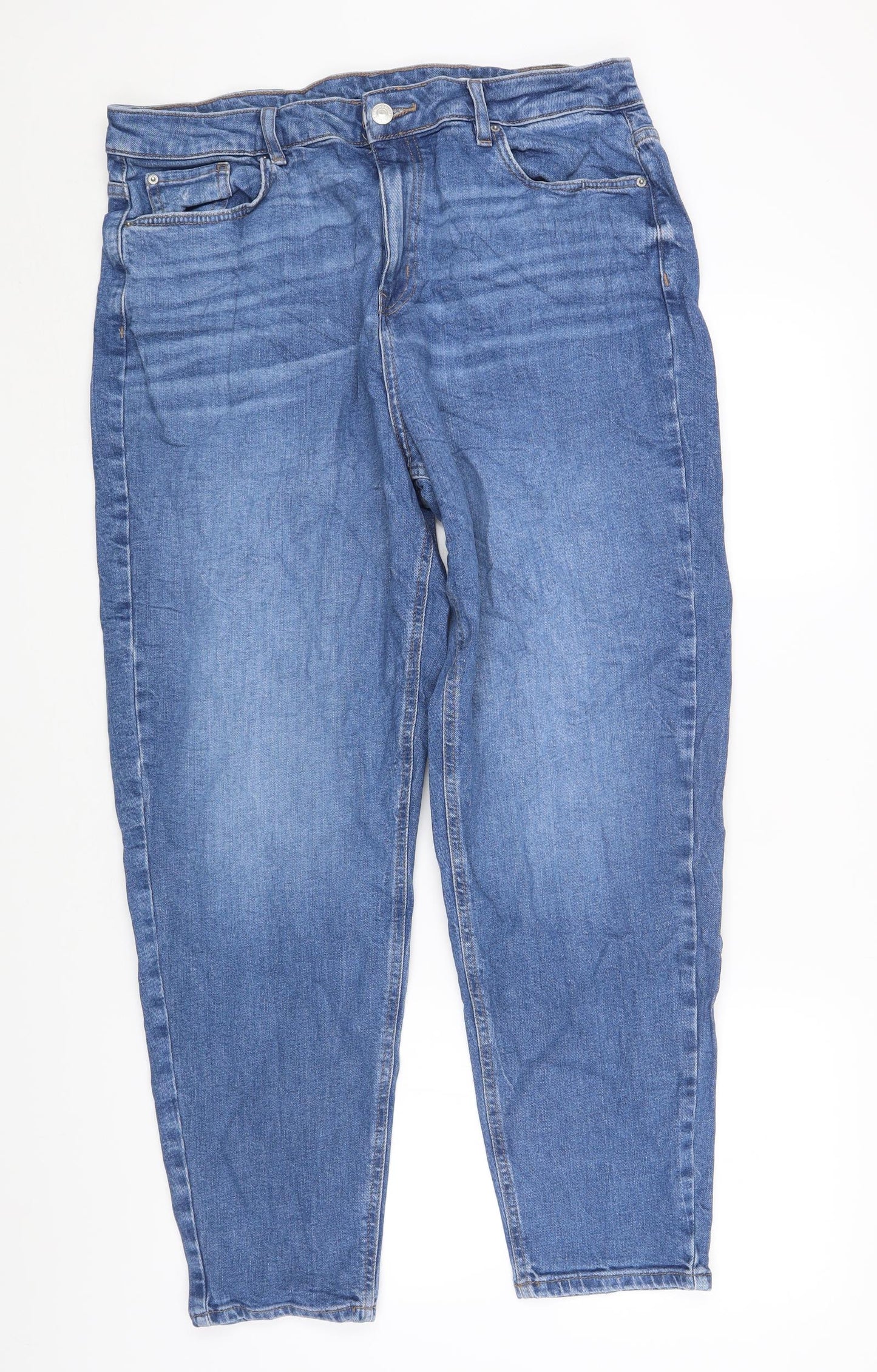 Marks and Spencer Womens Blue Cotton Mom Jeans Size 16 L26 in Regular Zip