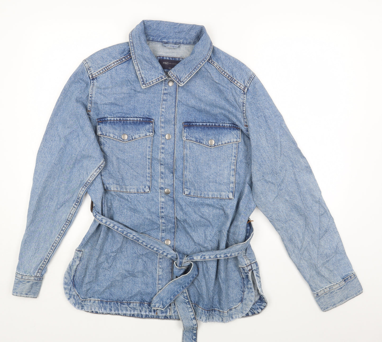 Marks and Spencer Womens Blue Cotton Basic Button-Up Size 12 Collared