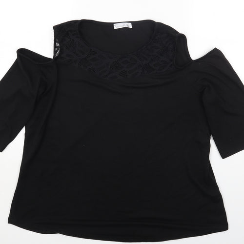 89th & Madison Womens Black Polyester Basic T-Shirt Size XL Round Neck - Cold Shoulder Lace detail