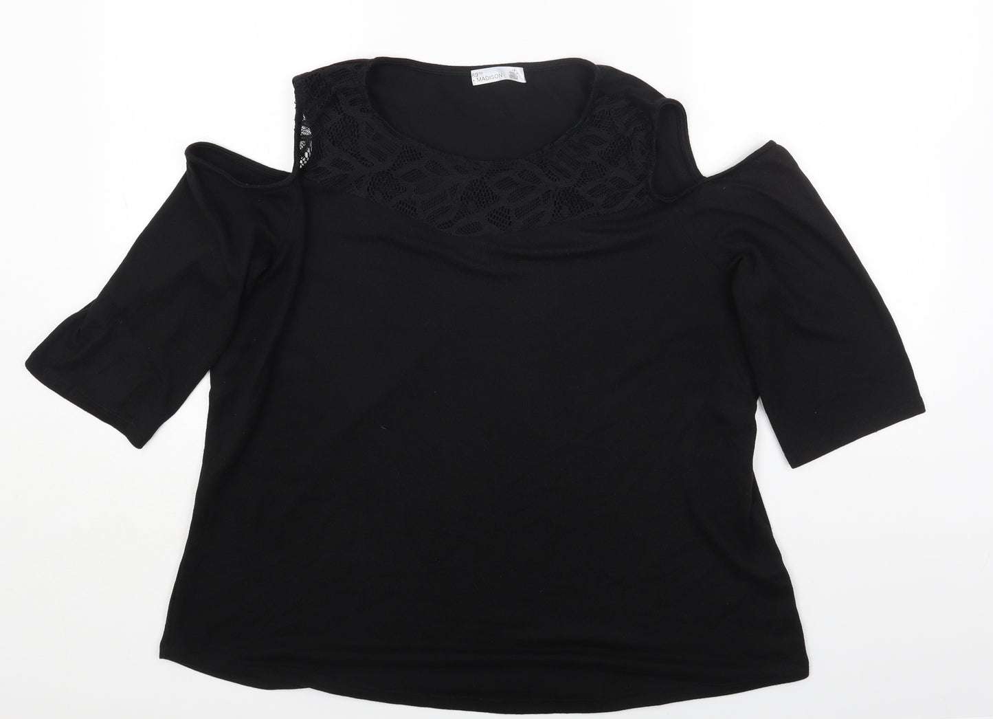 89th & Madison Womens Black Polyester Basic T-Shirt Size XL Round Neck - Cold Shoulder Lace detail