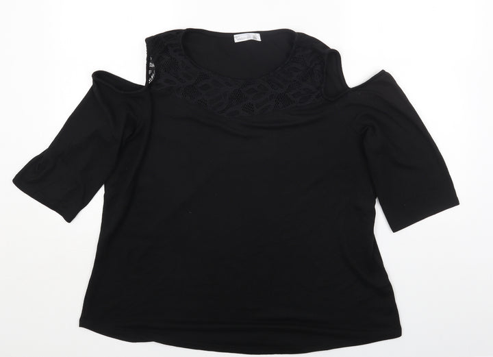 89th & Madison Womens Black Polyester Basic T-Shirt Size XL Round Neck - Cold Shoulder Lace detail