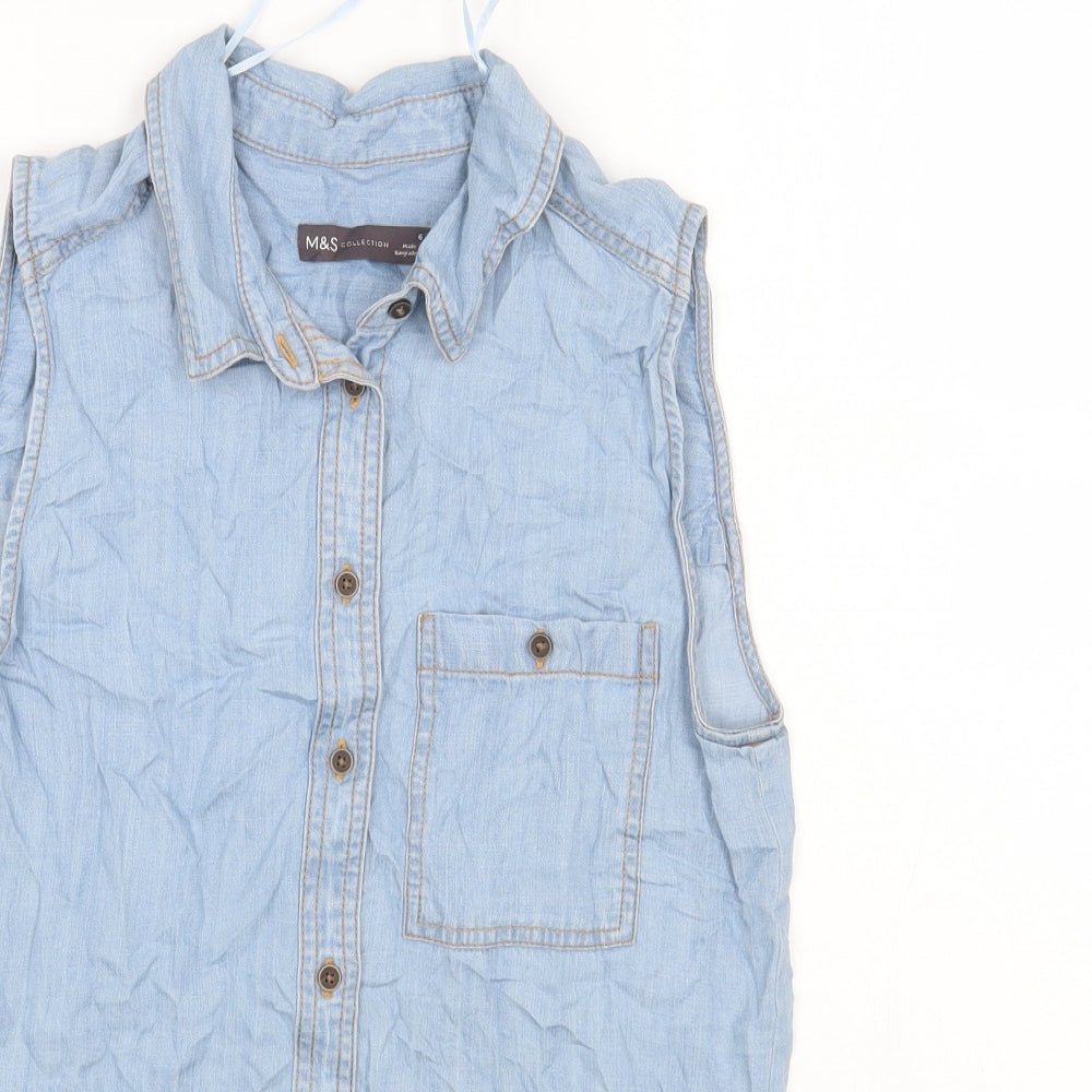 Marks and Spencer Womens Blue Lyocell Basic Button-Up Size 6 Collared
