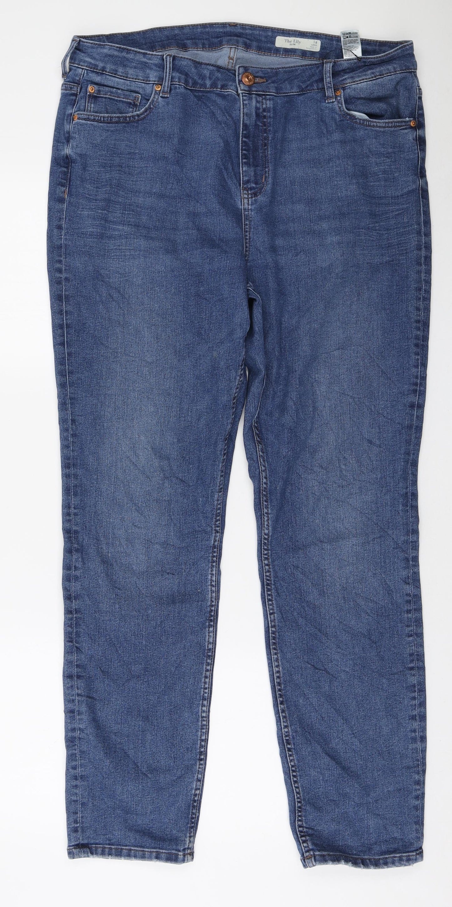 Marks and Spencer Womens Blue Cotton Straight Jeans Size 18 L30 in Regular Zip