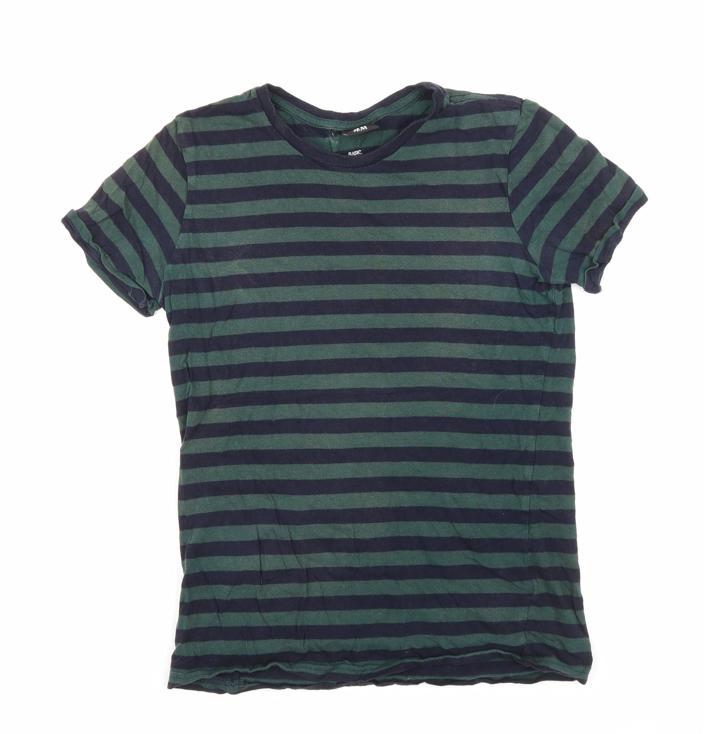 H&M Mens Green Striped Cotton T-Shirt Size XS Round Neck