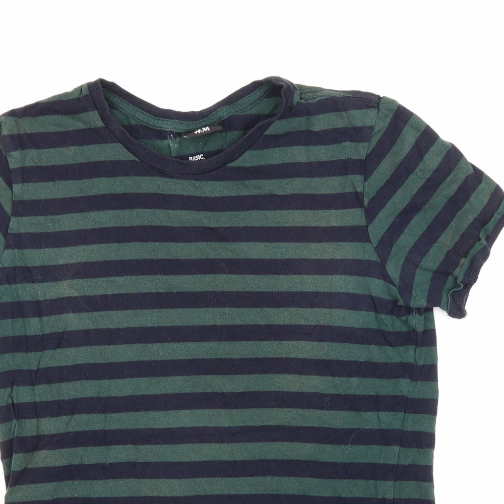 H&M Mens Green Striped Cotton T-Shirt Size XS Round Neck