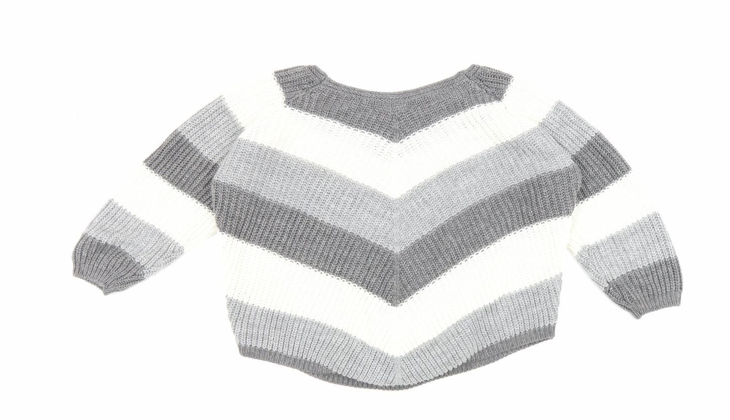 Cameo Rose Womens Grey Round Neck Striped Acrylic Pullover Jumper Size L
