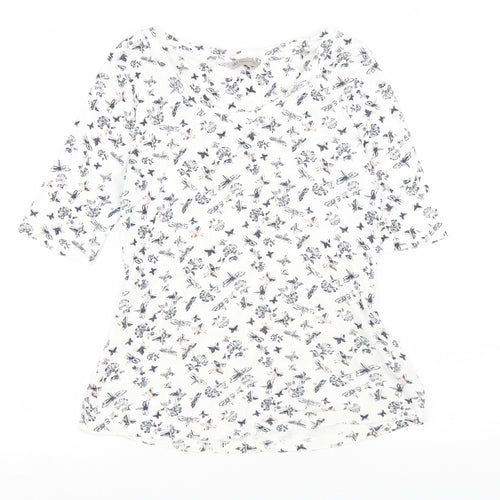 Marks and Spencer Womens White Geometric Cotton Basic T-Shirt Size 12 Round Neck - Butterfly print