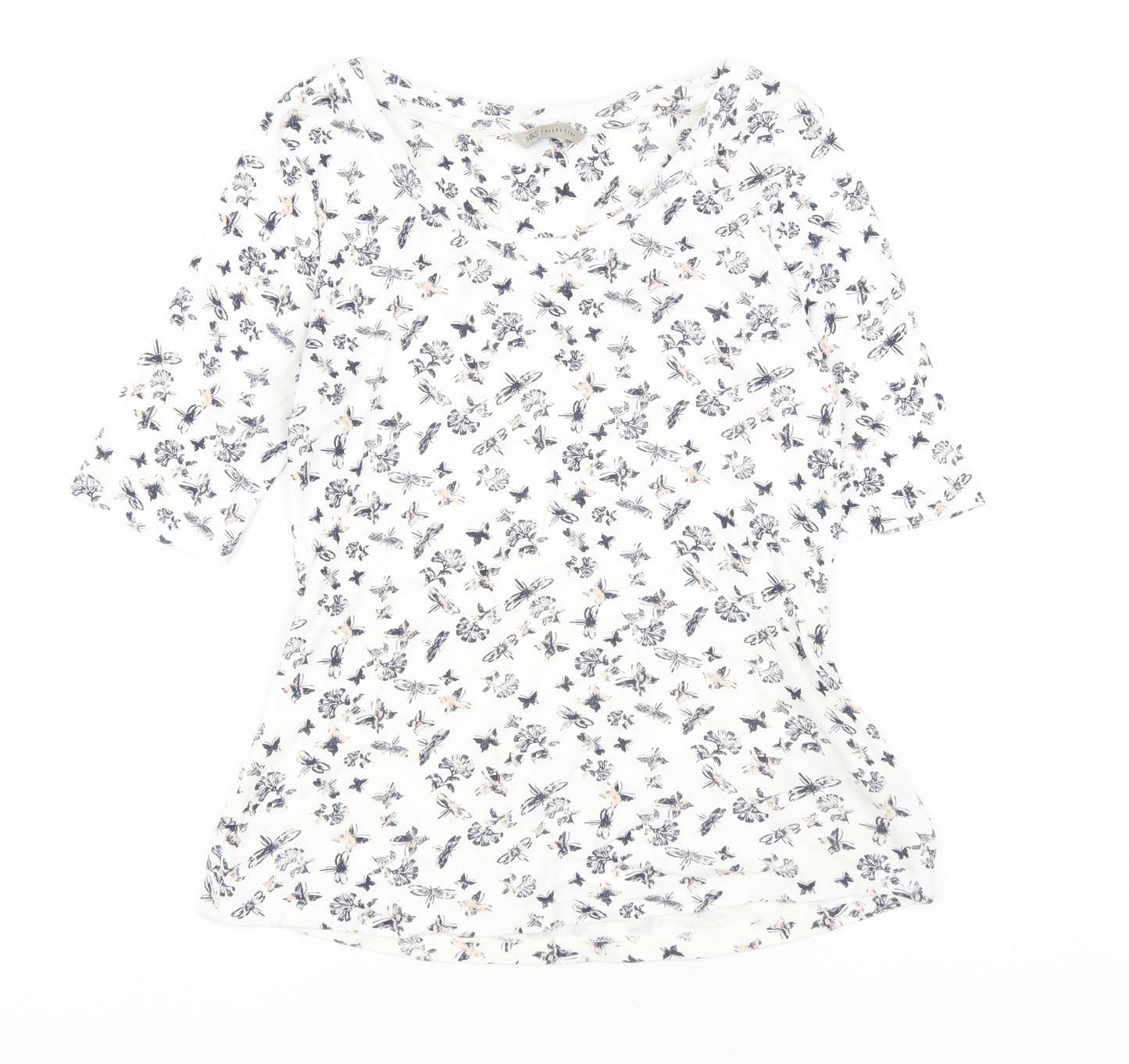 Marks and Spencer Womens White Geometric Cotton Basic T-Shirt Size 12 Round Neck - Butterfly print