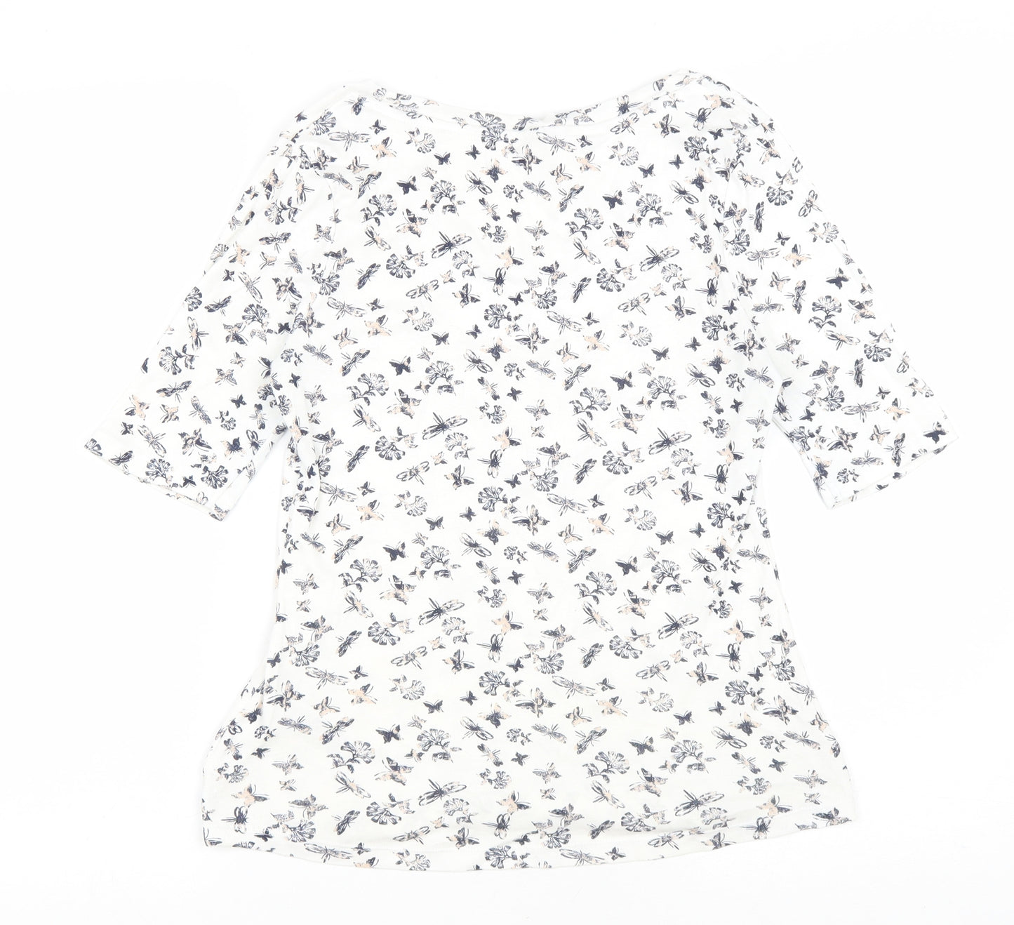 Marks and Spencer Womens White Geometric Cotton Basic T-Shirt Size 12 Round Neck - Butterfly print