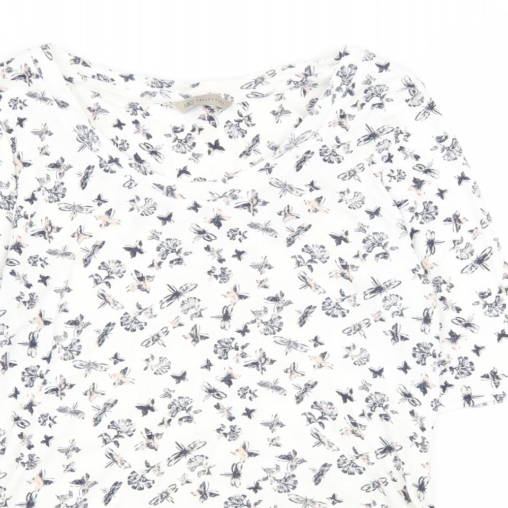 Marks and Spencer Womens White Geometric Cotton Basic T-Shirt Size 12 Round Neck - Butterfly print
