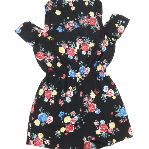 New Look Girls Black Floral Polyester Playsuit One-Piece Size 11 Years Zip - Cold Shoulder