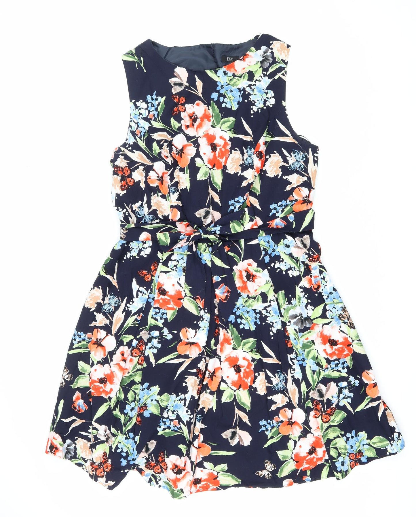 F&F Womens Blue Floral Polyester Fit & Flare Size 20 Boat Neck Button