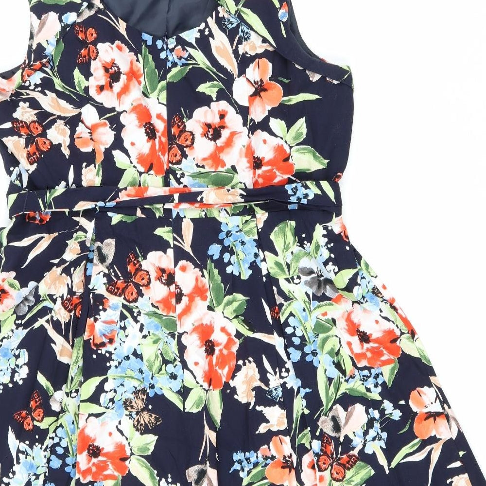F&F Womens Blue Floral Polyester Fit & Flare Size 20 Boat Neck Button