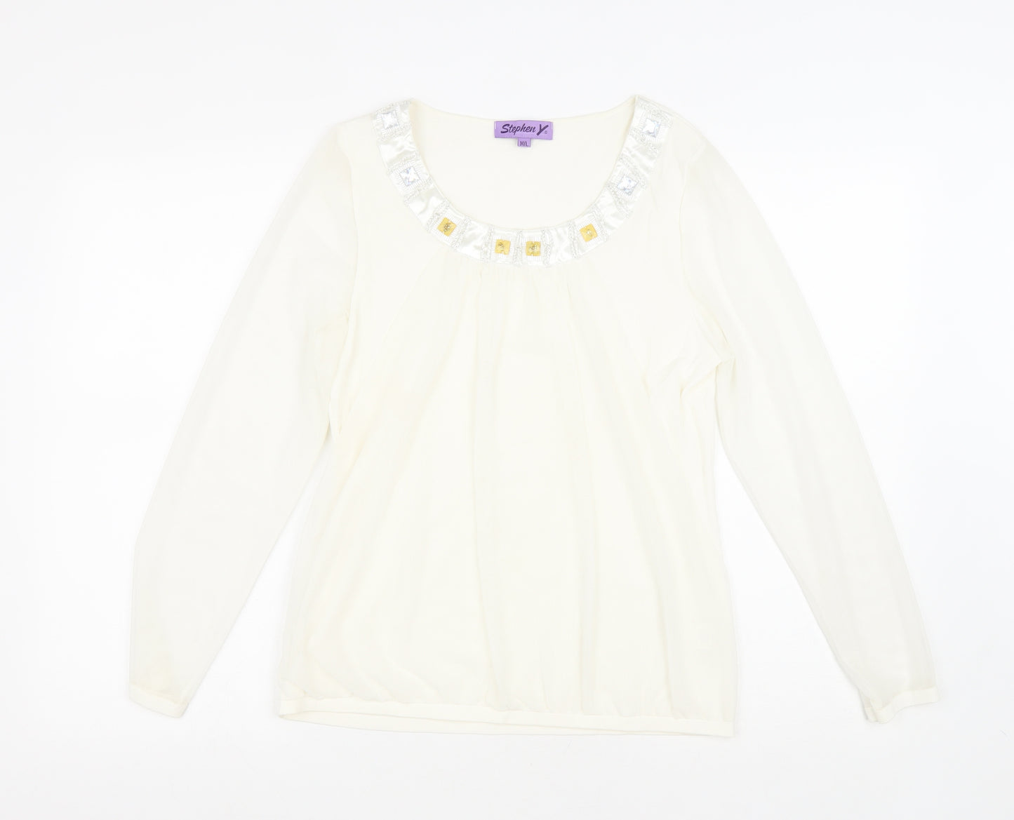 Stephen Y Womens White Nylon Basic Blouse Size M Round Neck