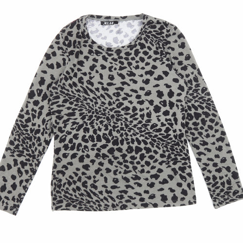 Miao Womens Grey Animal Print Cotton Basic T-Shirt Size L Round Neck - Leopard print