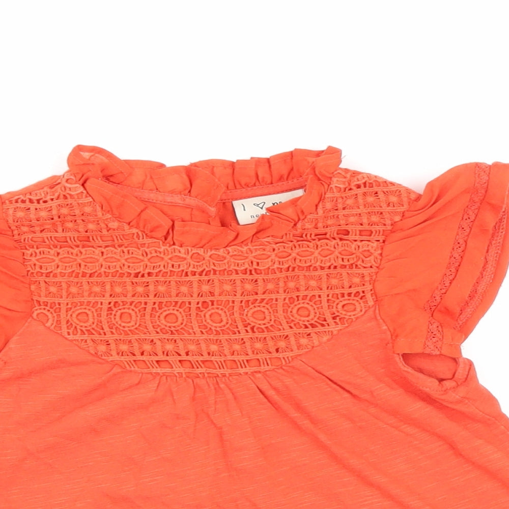 NEXT Girls Orange Cotton Basic Casual Size 3-4 Years Round Neck Button - Lace detailing