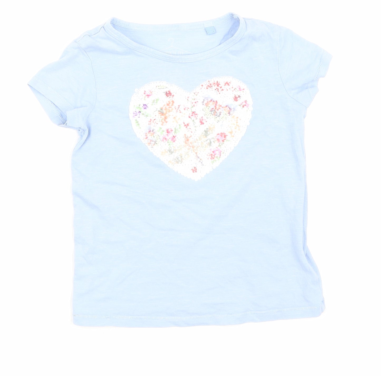 NEXT Girls Blue Cotton Basic T-Shirt Size 4 Years Round Neck Pullover - Floral heart