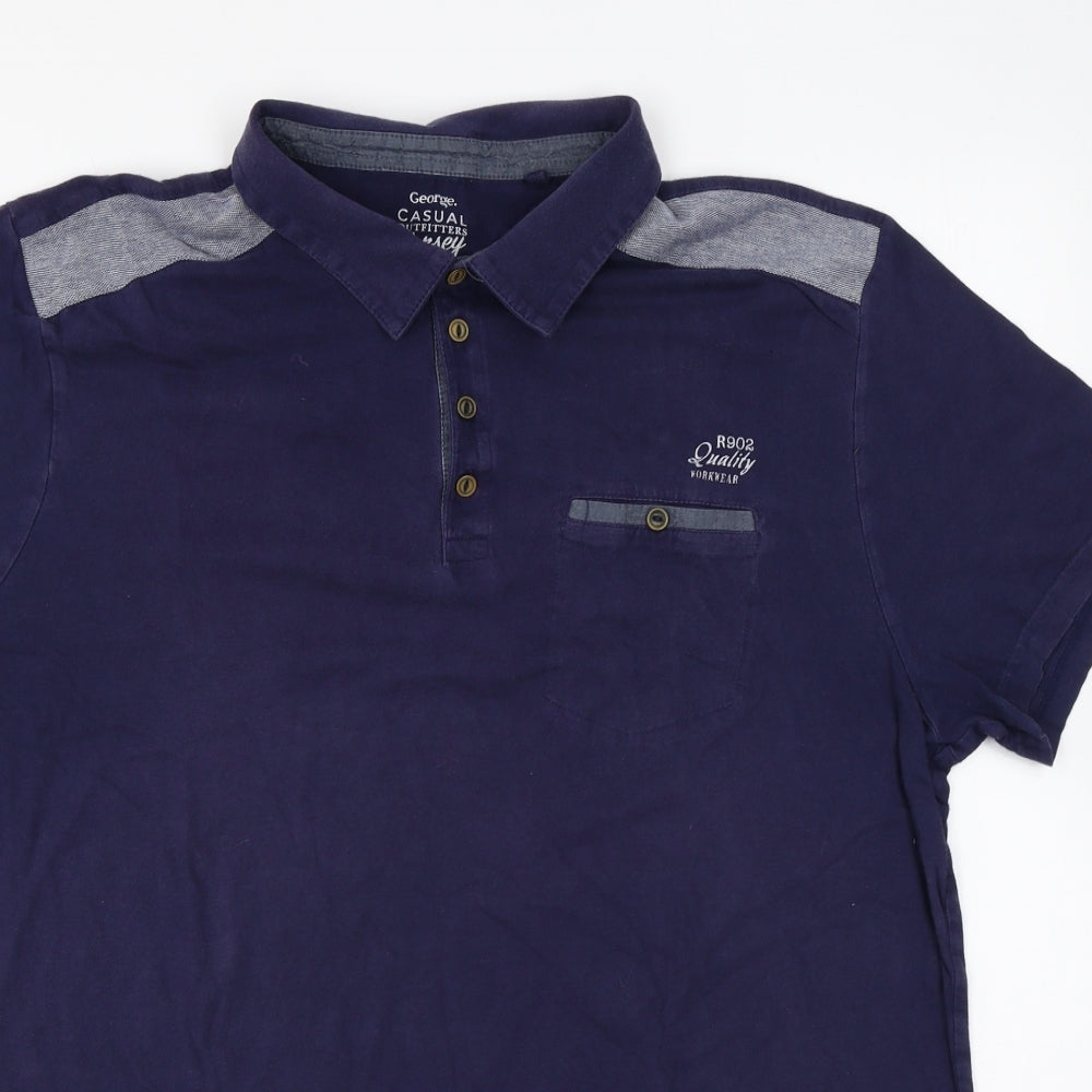 George Mens Blue Cotton Polo Size 2XL Collared Button
