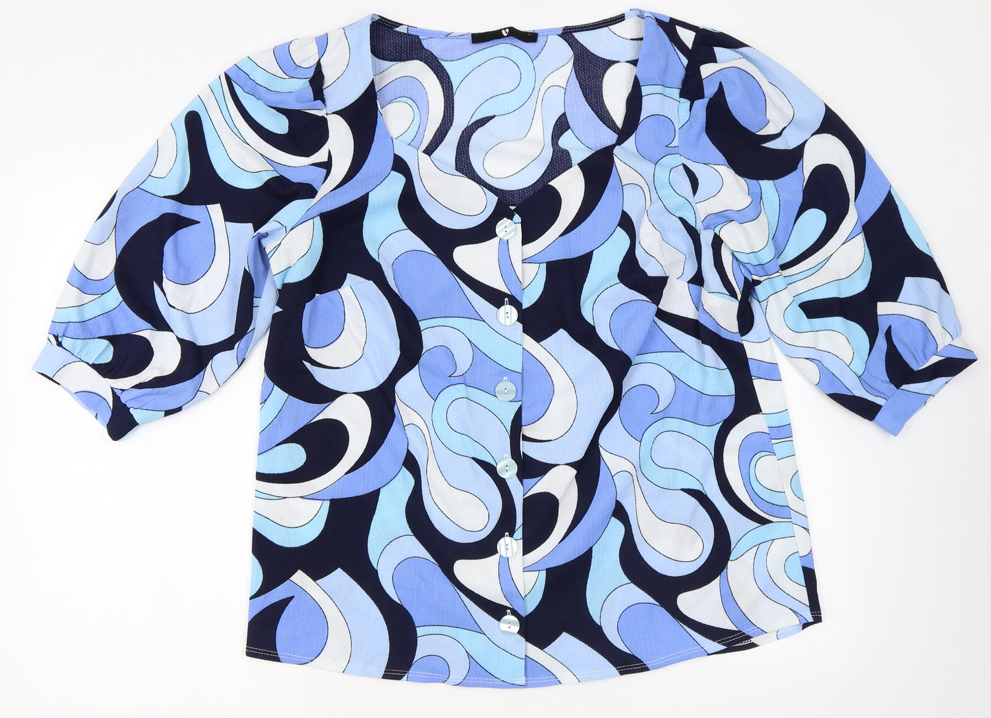 Very Womens Blue Geometric Polyester Basic Button-Up Size 16 V-Neck