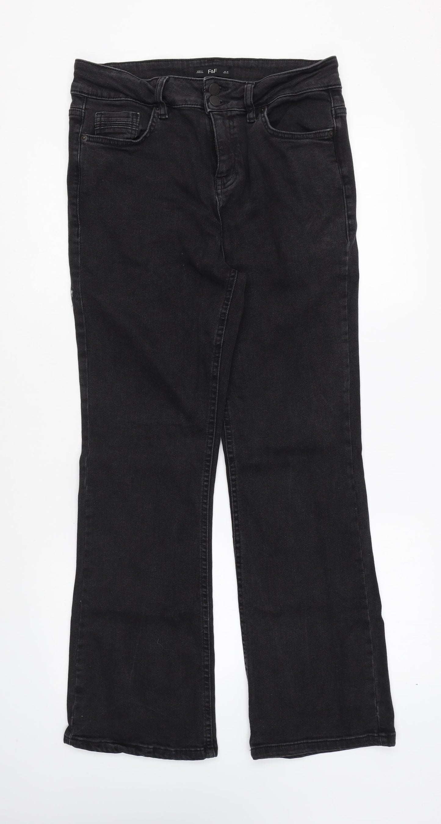 F&F Womens Black Cotton Bootcut Jeans Size 12 L27 in Regular Zip