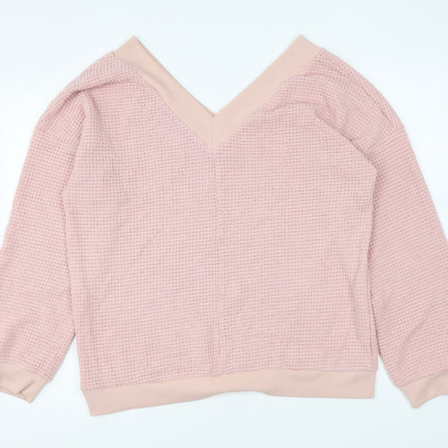 Adreamly Womens Pink V-Neck Acrylic Pullover Jumper Size XL