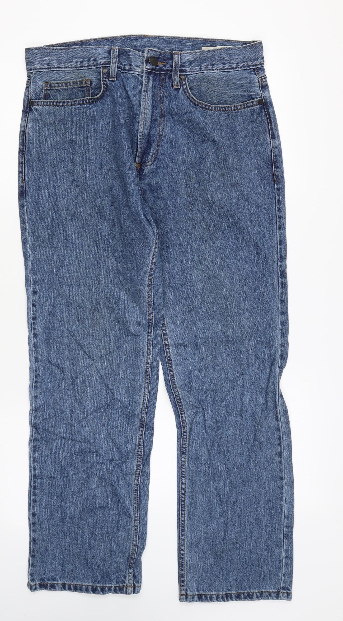 Marks and Spencer Mens Blue Cotton Straight Jeans Size 32 in L29 in Regular Zip
