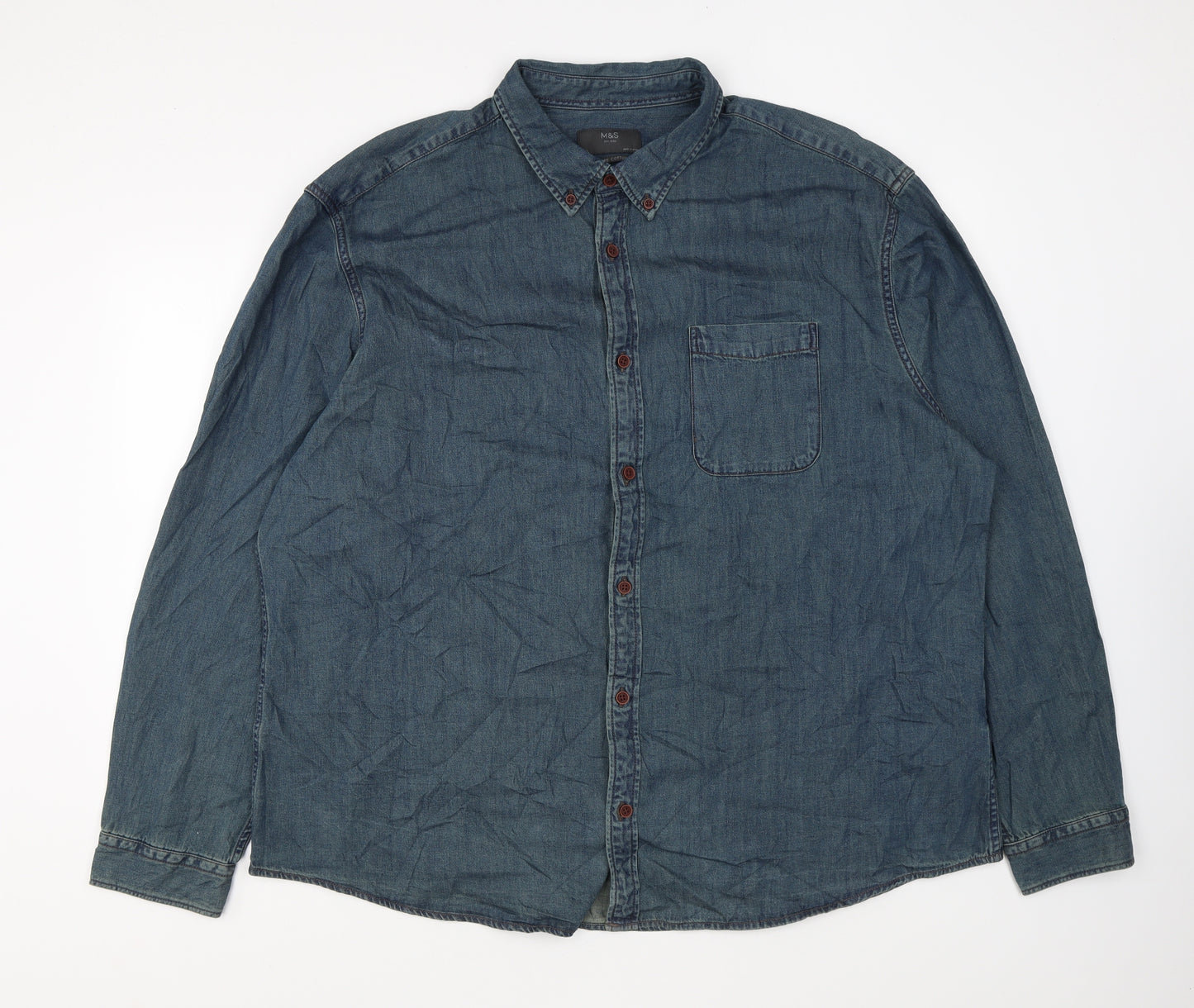 Marks and Spencer Mens Blue Cotton Button-Up Size 2XL Collared Button