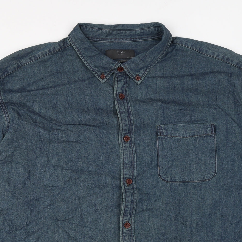 Marks and Spencer Mens Blue Cotton Button-Up Size 2XL Collared Button