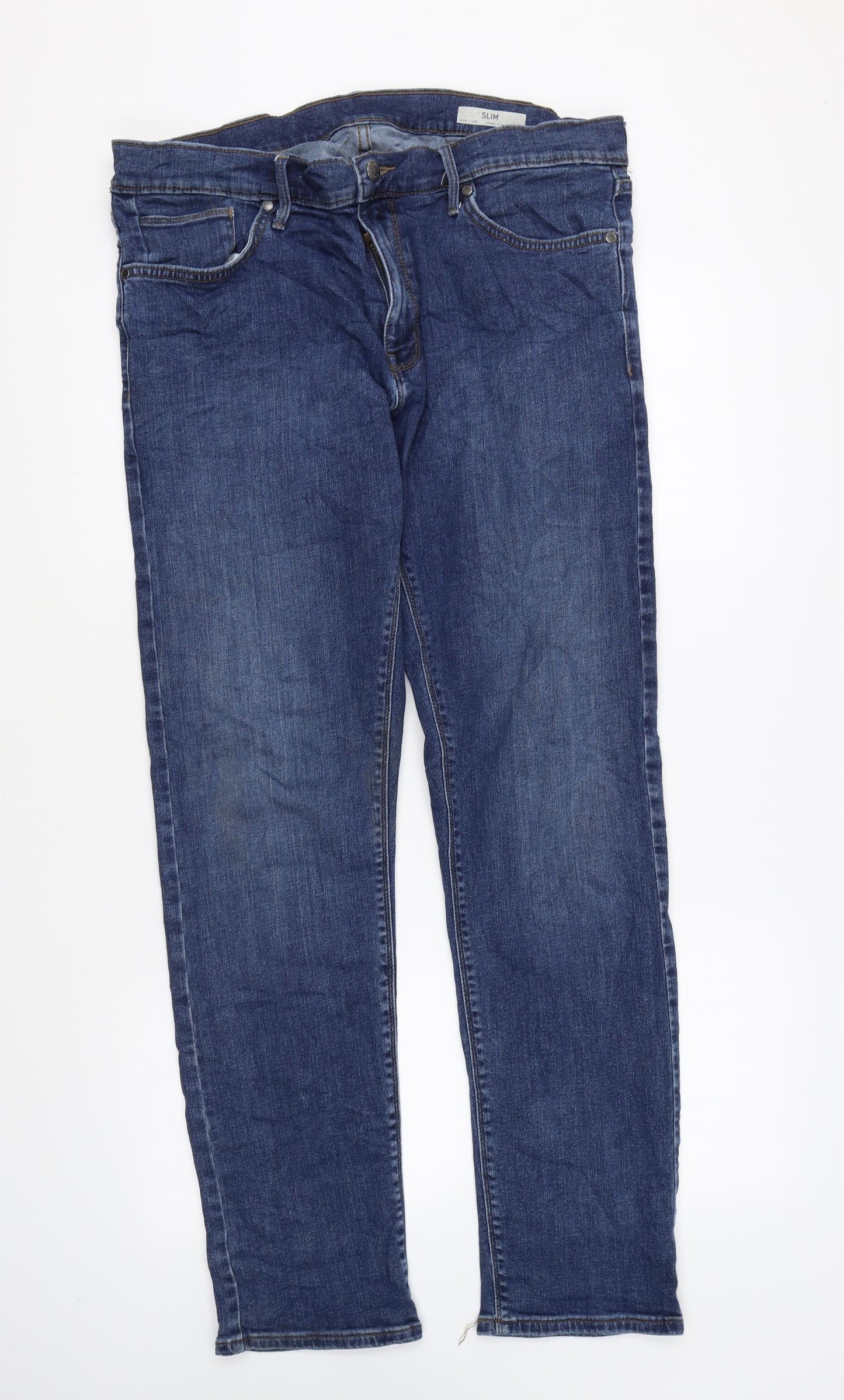 Marks and Spencer Mens Blue Cotton Straight Jeans Size 36 in L33 in Regular Zip